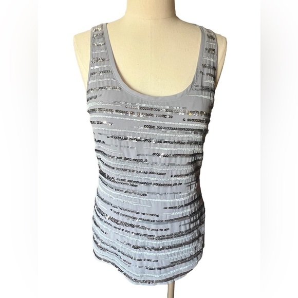 Express Womens Grey Metallic Striped Sequins Sheer Back Scoop Tank Top Medium - Picture 1 of 5